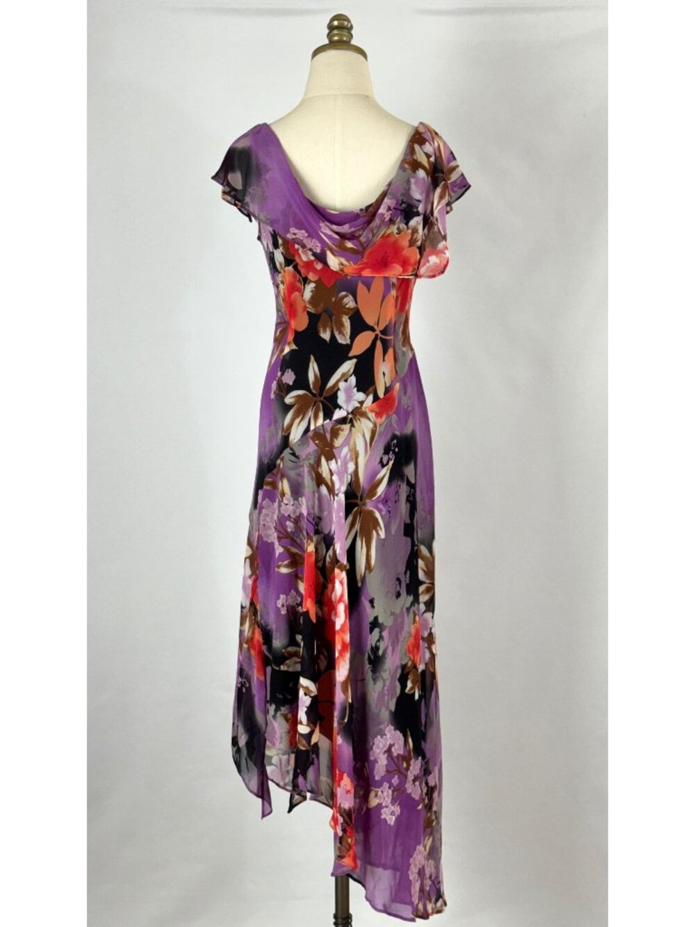 Vtg Y2K Purple Floral Asymmetrical Dress Handkerchief Hem Flutter Sleeve Fairy - Picture 5 of 13